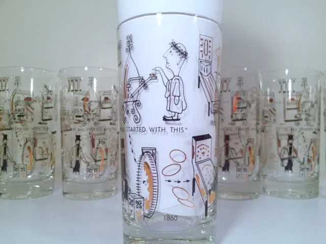 Mid-Century Rare Black & 22-Karat Gold Coin Operation/Vending Machine Vintage Glasses (Set of 8 Glasses)