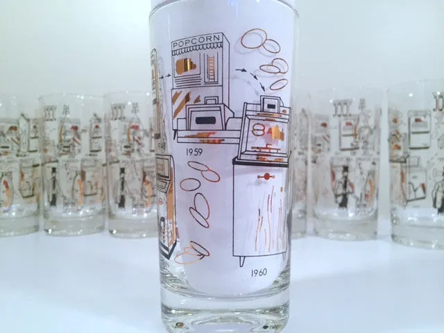 Mid-Century Rare Black & 22-Karat Gold Coin Operation/Vending Machine Vintage Glasses (Set of 8 Glasses)