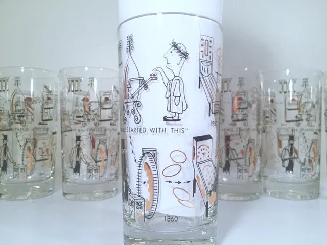 Mid-Century Rare Black & 22-Karat Gold Coin Operation/Vending Machine Vintage Glasses (Set of 8 Glasses)