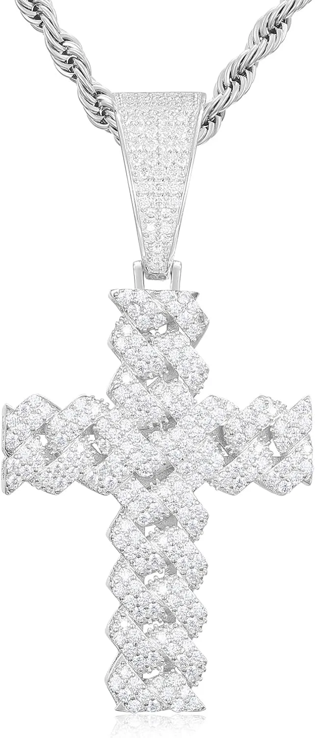 Moissanite Cross Necklace 2.7 Carat Iced Out Moissanite Cross Pendant 925 Sterling Silver Cross Chain Necklace D Color VVS1 18k Gold Plated Christian Pendant