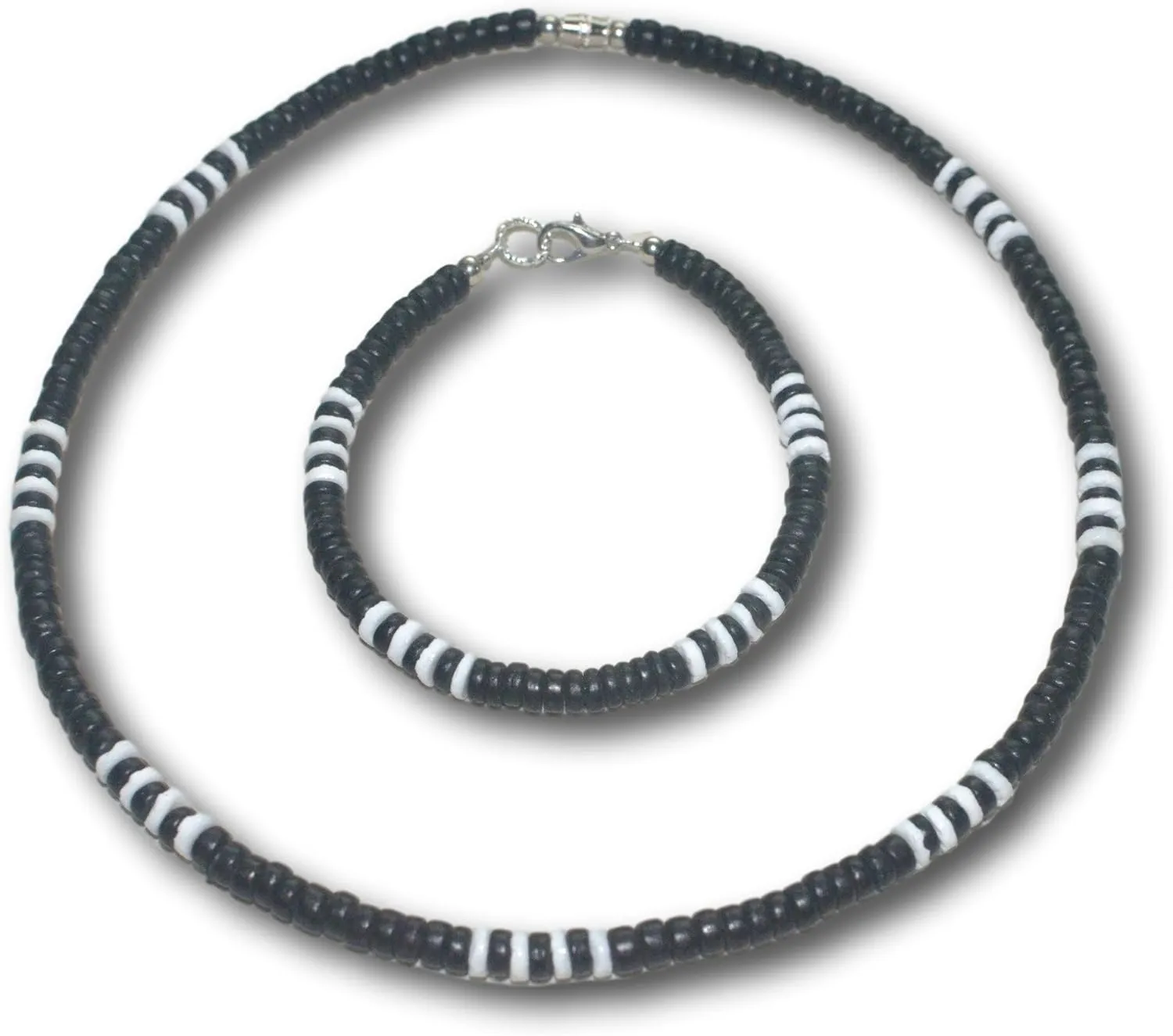 Native Treasure - 2pc Set 5mm Black Wood Coco Shell, 4 White Clam Heishe Shell Surfer Puka Shell Necklace and Bracelet