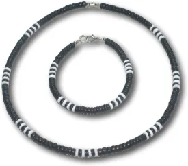Native Treasure - 2pc Set 5mm Black Wood Coco Shell, 4 White Clam Heishe Shell Surfer Puka Shell Necklace and Bracelet