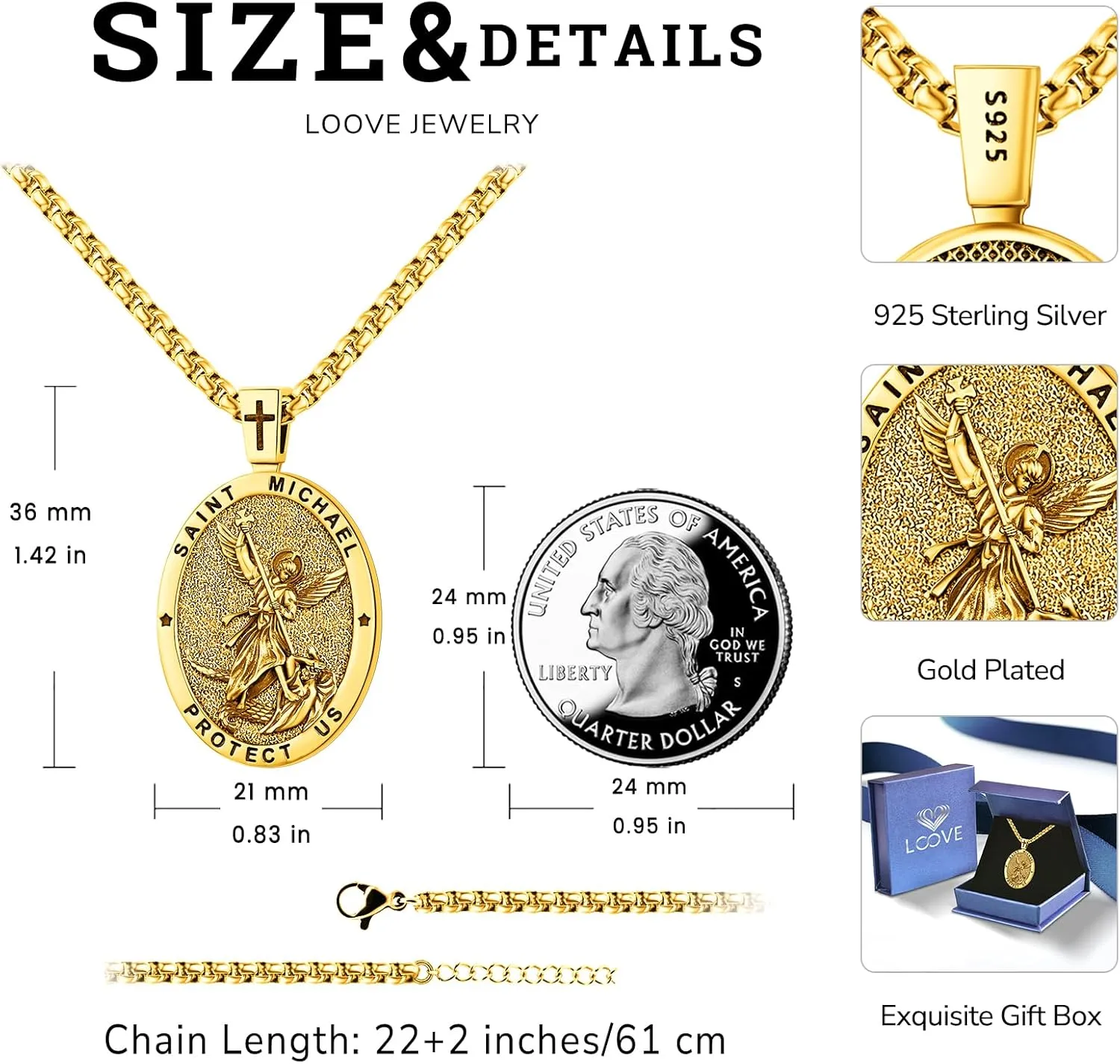 Patron Saint Medals Amulet Necklace 925 Sterling Silver Protection Jewelry for Men Women with 20"/22" 2" Rolo Chain