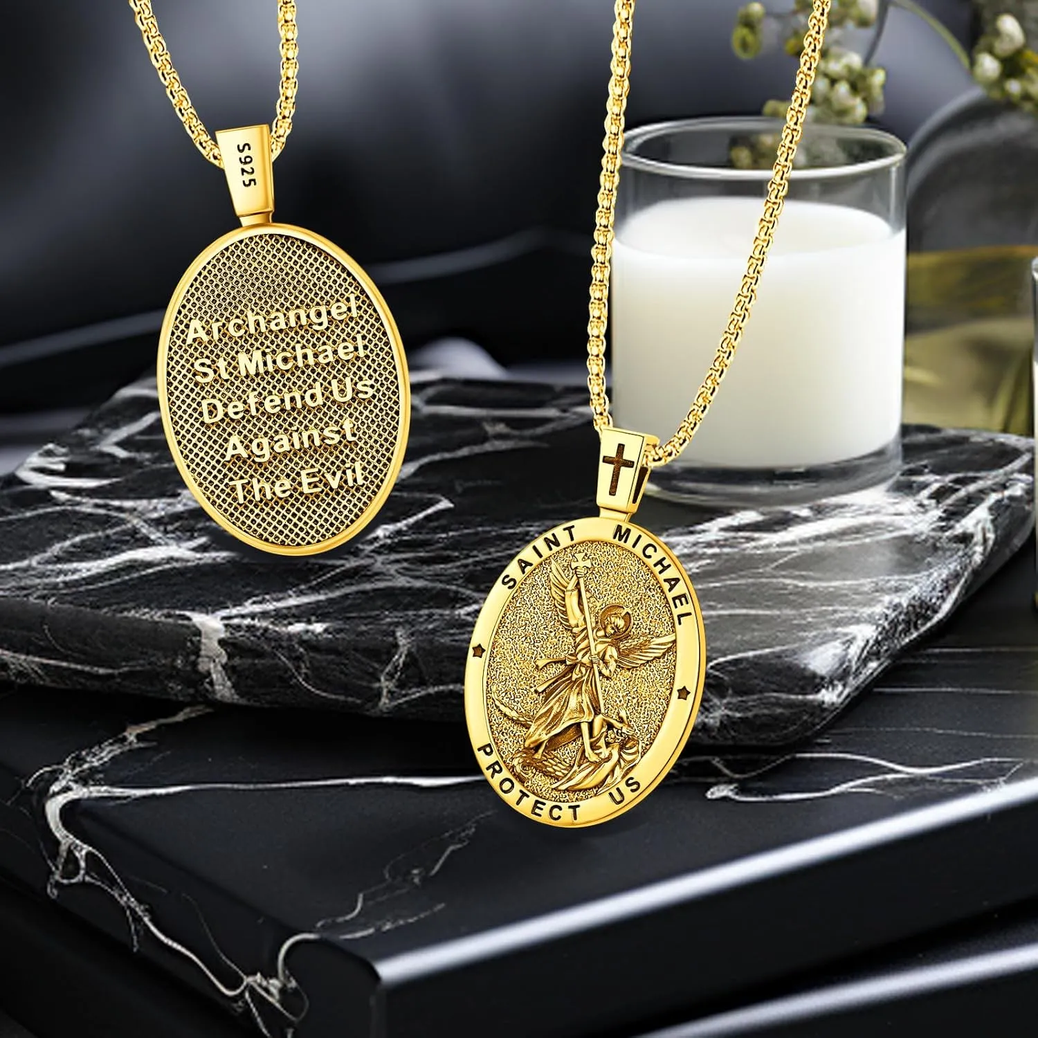 Patron Saint Medals Amulet Necklace 925 Sterling Silver Protection Jewelry for Men Women with 20"/22" 2" Rolo Chain