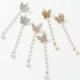 Pave Butterfly Pearl Chain Earrings