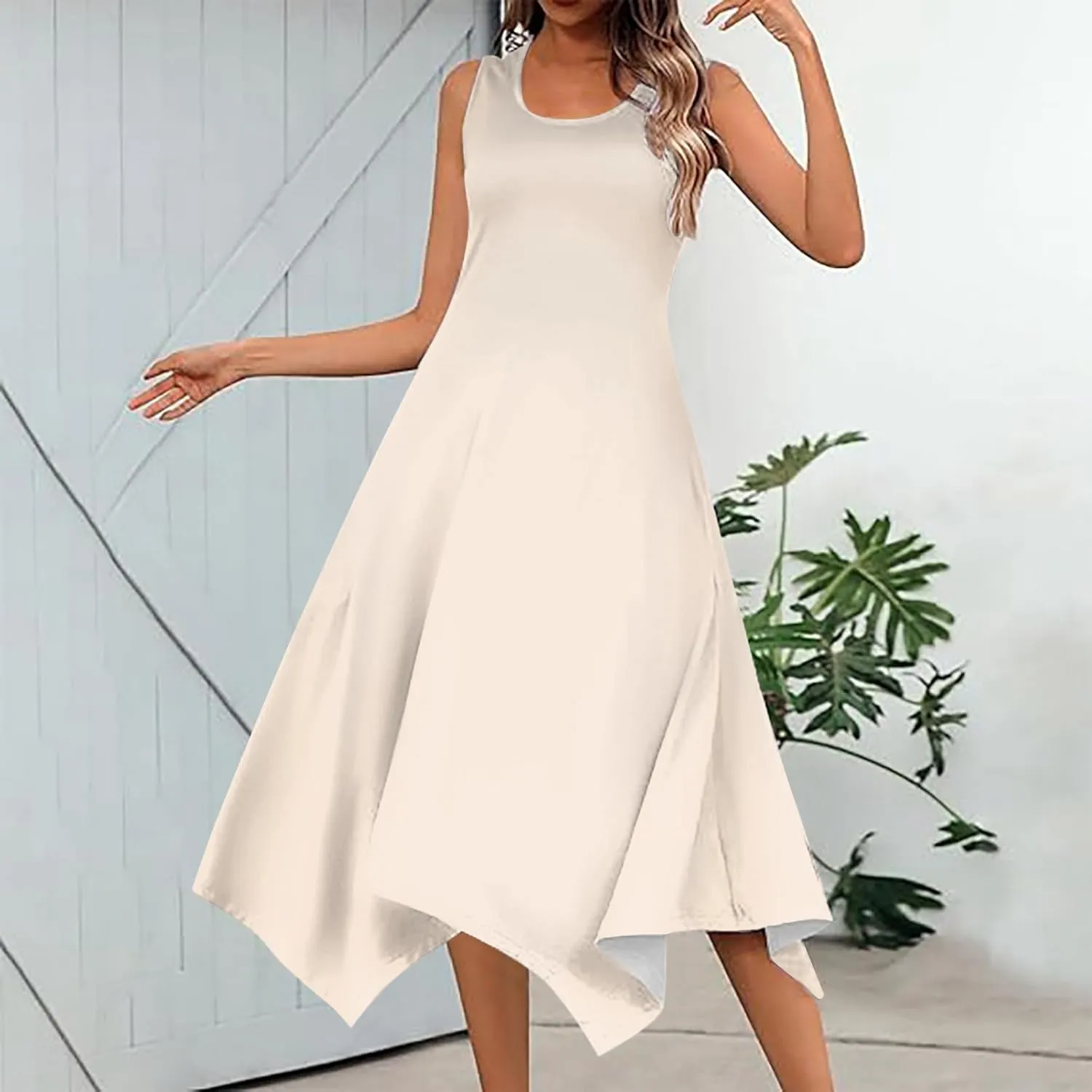 PTOLOCIF Summer Dresses for Women 2024 Sleeveless Swing Dress Casual Crewneck Boho Sundress Handkerchief Hem Tank Maxi Dress
