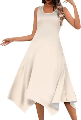 PTOLOCIF Summer Dresses for Women 2024 Sleeveless Swing Dress Casual Crewneck Boho Sundress Handkerchief Hem Tank Maxi Dress