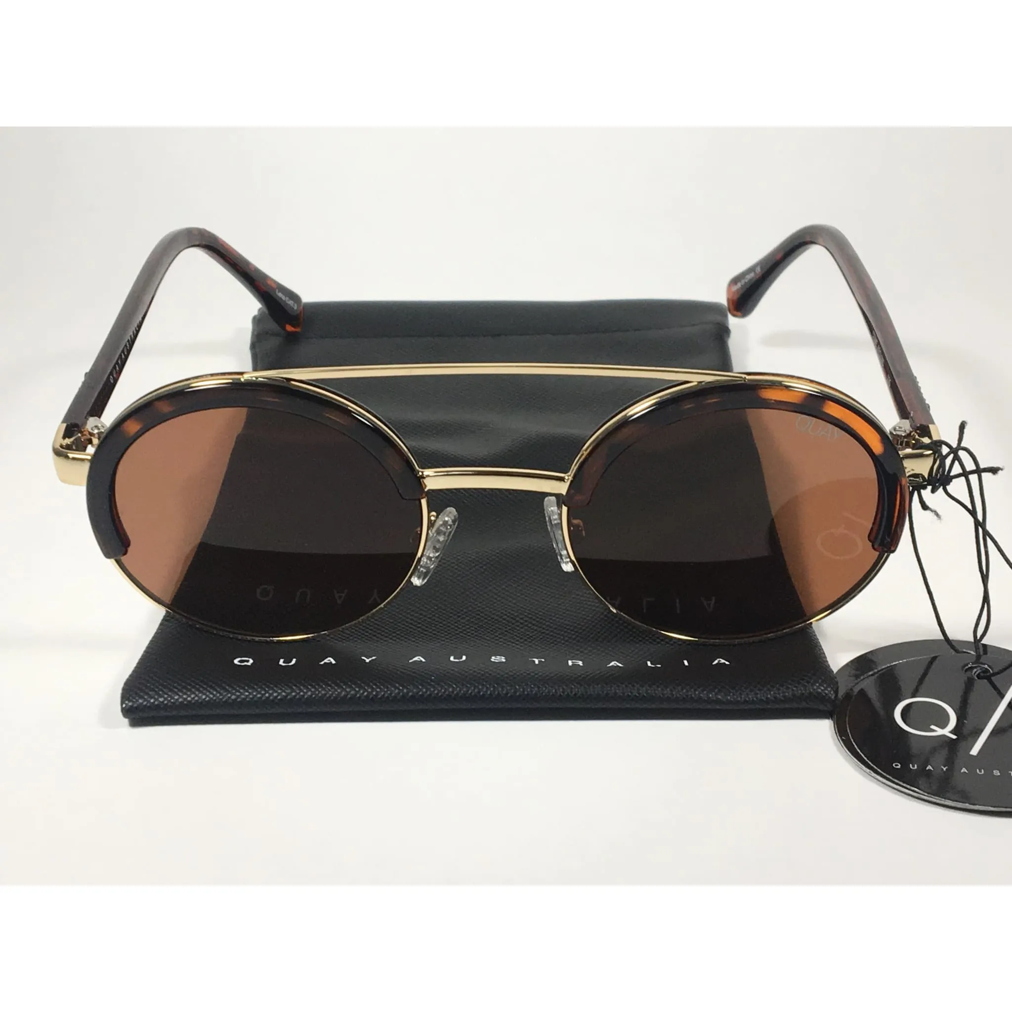 Quay Australia QW000365 TORT/BRN Come Around Round Brown Bar Sunglasses Tortoise Gold Frame Brown Lens