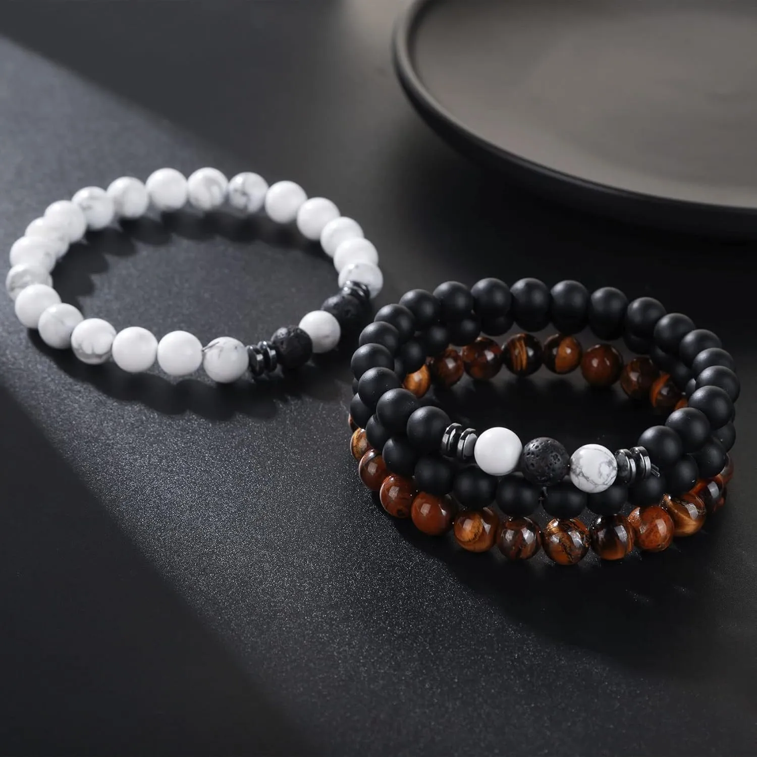 RANKEEF Tiger Eye Bracelet For Men 8MM Natural Stone Stretch Adjustable Black Crystal Beaded Bracelet for Men Women Gifts