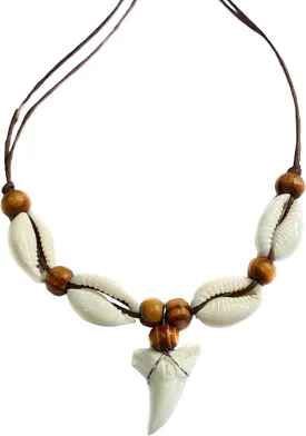 Shark Tooth Necklace, Genuine Mako Shark Tooth Necklace for Men, Cool Beach Cowrie Shells Wooden Beads Necklace for Women (EA390-N)