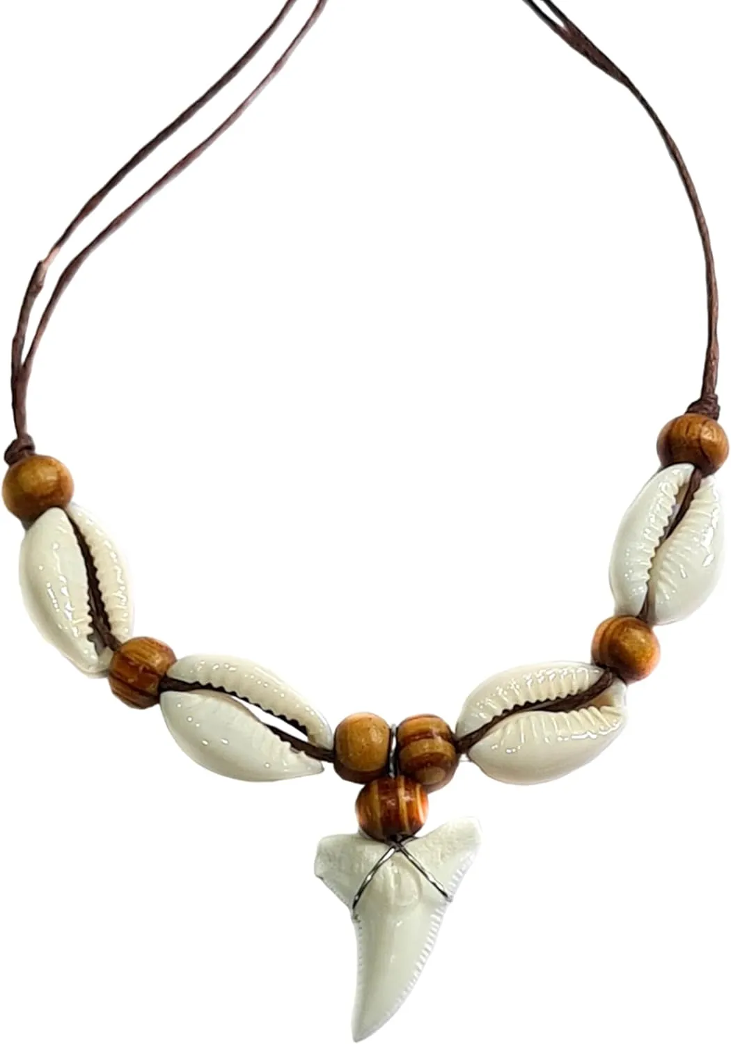 Shark Tooth Necklace, Genuine Mako Shark Tooth Necklace for Men, Cool Beach Cowrie Shells Wooden Beads Necklace for Women (EA390-N)