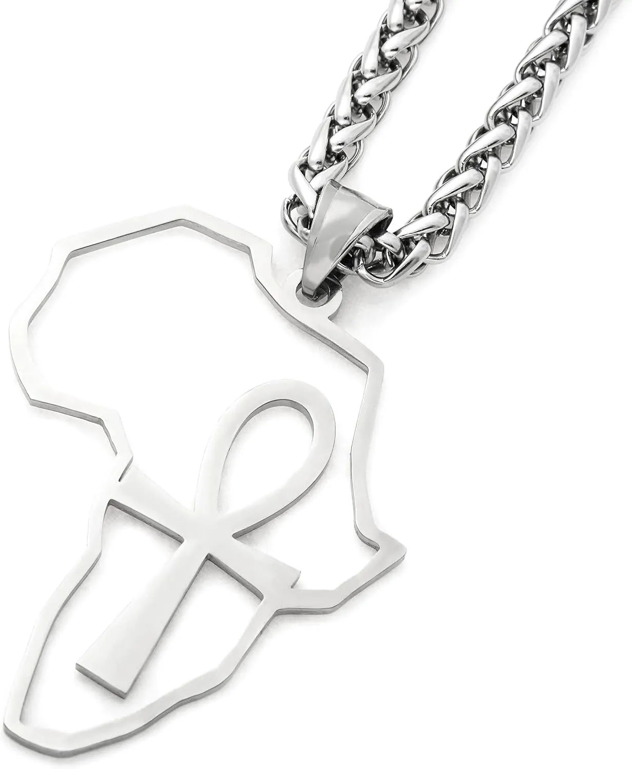 Stainless Steel Ankh Cross Necklace Africa Map Pendant Silvertone Keel Chain Jewelry Strength Amulet Talisman