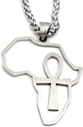 Stainless Steel Ankh Cross Necklace Africa Map Pendant Silvertone Keel Chain Jewelry Strength Amulet Talisman