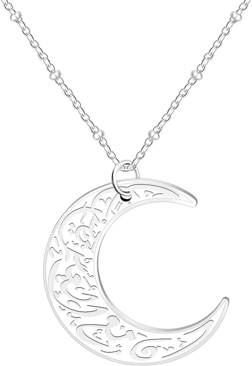Stainless Steel Arabic Moon Pendant Necklace - Islamic Symbolism Jewelry for Men and Women | Allah Rune Talisman Amulet | Gift for Muslim Believers YA4979