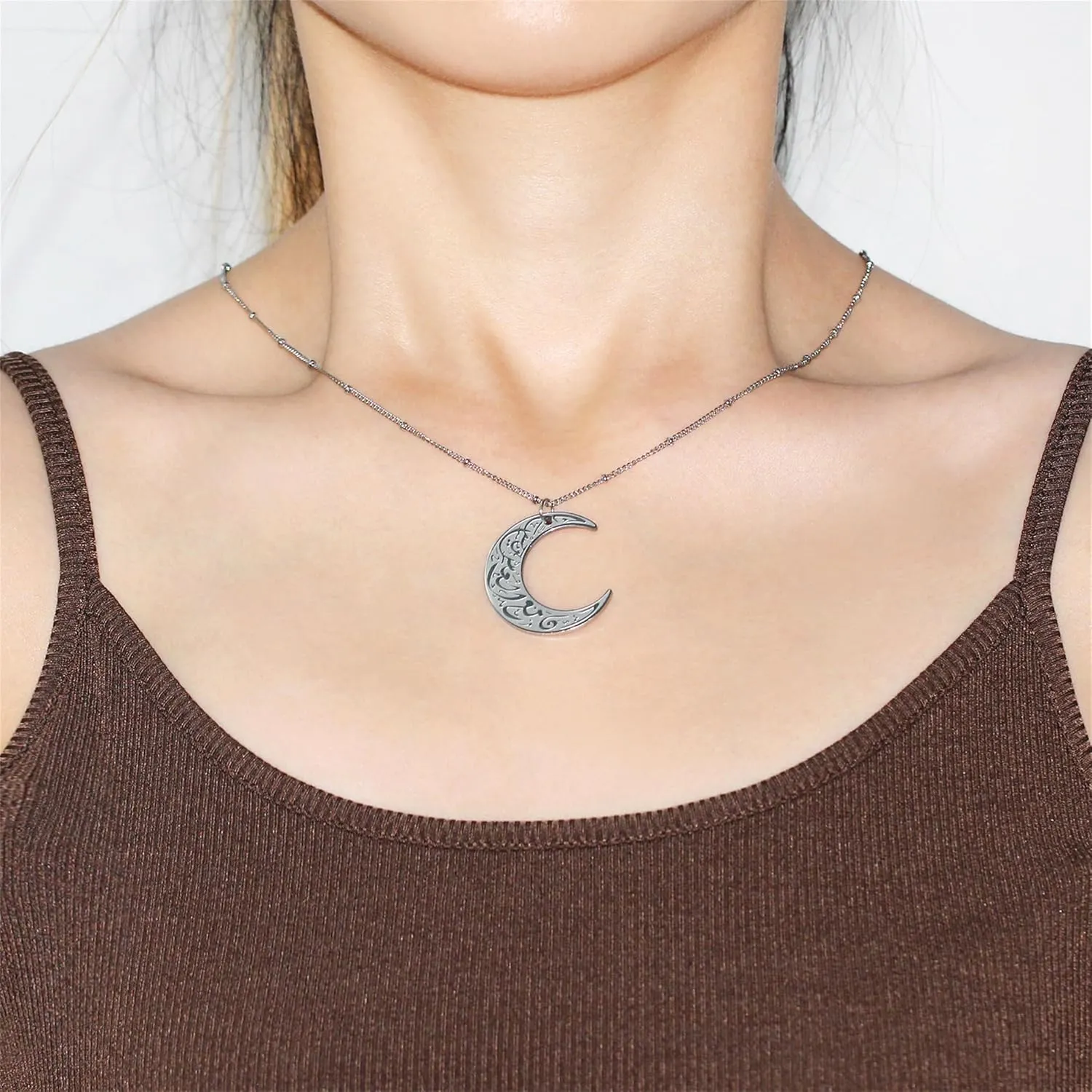 Stainless Steel Arabic Moon Pendant Necklace - Islamic Symbolism Jewelry for Men and Women | Allah Rune Talisman Amulet | Gift for Muslim Believers YA4979