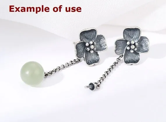 Stud Earring Chain Cup Pin Setting 6-10mm 1 Pair 2.3g 925 Sterling Silver Flower Base for 1 Pearl Bead Wholesale Available