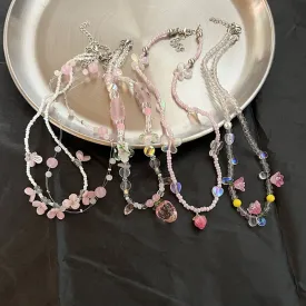 Summer Pink Blue Crystal Beaded Pearl Vintage Necklace Flower Stacked Necklace for Women Clavicle Chain Neck Aesthetic Jewelry