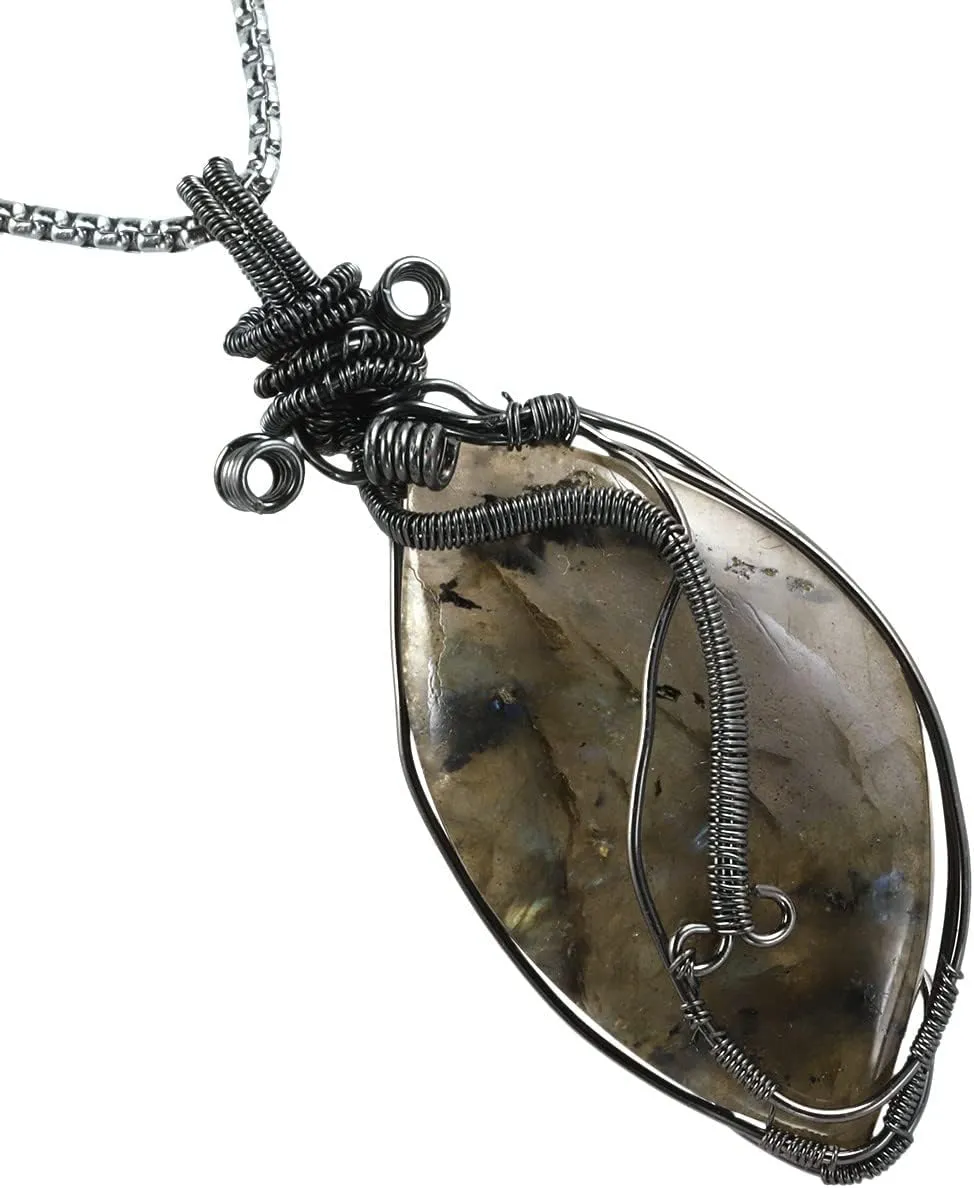 SUNYIK Natural Labradorite Pendant Necklace for Men Women, Irregular Handmade Wire Wrapped Crystal Necklace for Unisex