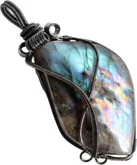 SUNYIK Natural Labradorite Pendant Necklace for Men Women, Irregular Handmade Wire Wrapped Crystal Necklace for Unisex