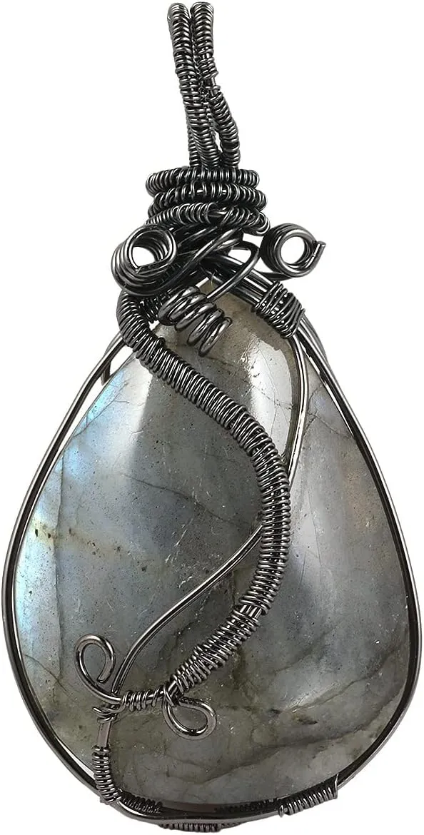 SUNYIK Natural Labradorite Pendant Necklace for Men Women, Irregular Handmade Wire Wrapped Crystal Necklace for Unisex