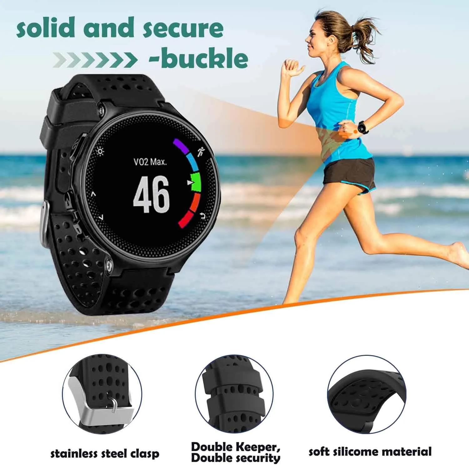 TopPerfekt Band Compatible with Garmin Forerunner 235, Soft Silicone Replacement Watch Band Strap Wristband for 220/230/235/620/630/735XT/235 Lite Smart Watch for Women Men