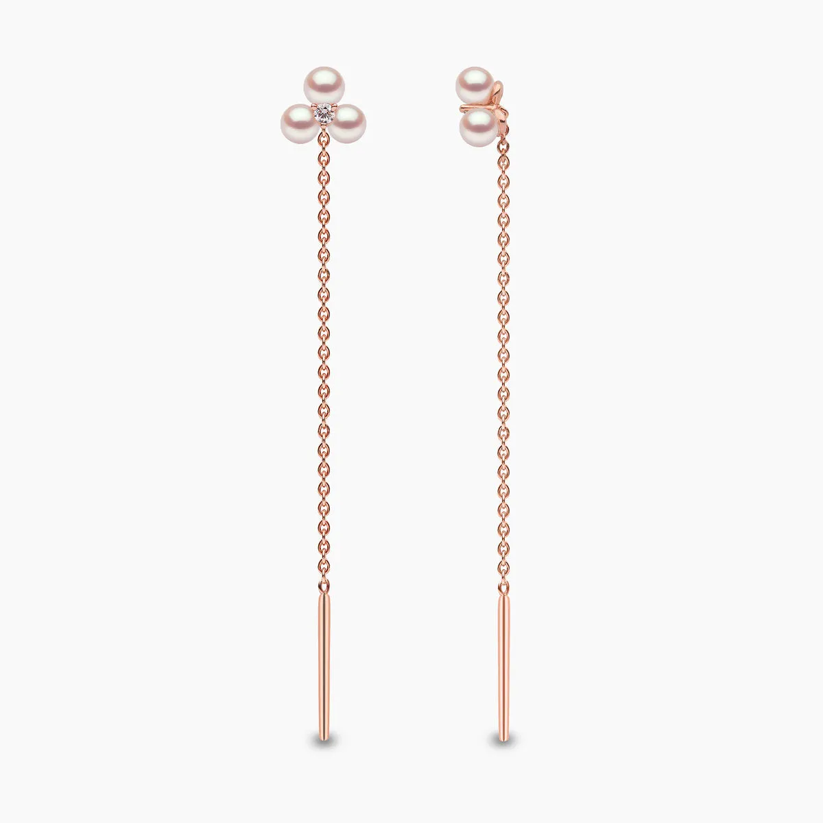 Trend 18K Gold Triple Freshwater Pearl and Diamond Pull Through Chain Earrings