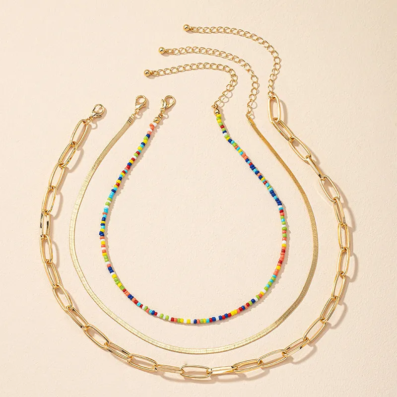 Trendy Multicolored Beaded Snake Chain Necklace Set with Niche Clavicle Chain