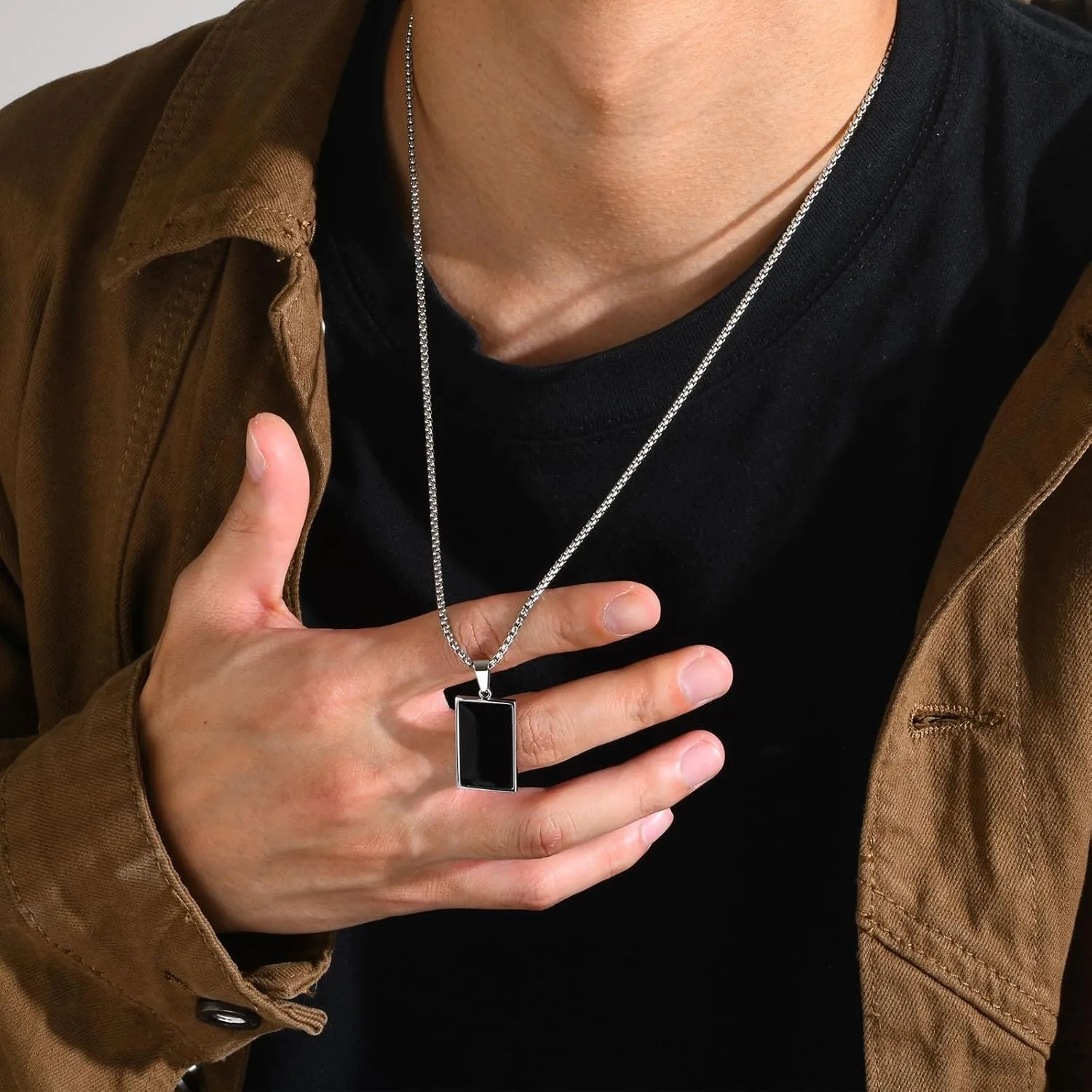 Unisex Stainless Steel Black Onyx Pendant Necklace for Men Women,Titanium Steel Black Agate Rectangle and Square Charm Jewelry Chain Necklace for Mens,Geometric Pendant Necklaces for Man Women,24inch Chain