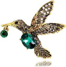 Vintage Rhinestone Hummingbird Bird Brooch Pin for Women Unisex Gold Plated Fashion Green Crystal Animal Brooches Lapel Pins Elegant Dress Accessories Spring Party Jewelry Gift