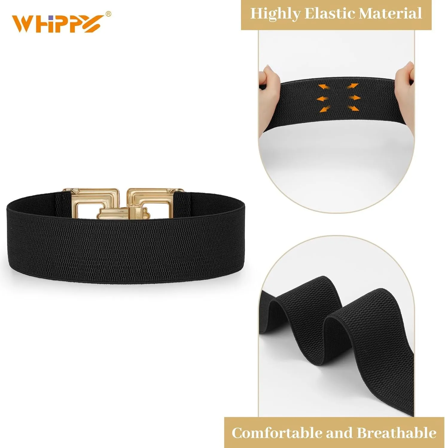 WHIPPY Women Wide Elastic Waist Belt Fashion Hollow Out Square Gold Buckle Stretchy Belt Waistband for Ladies