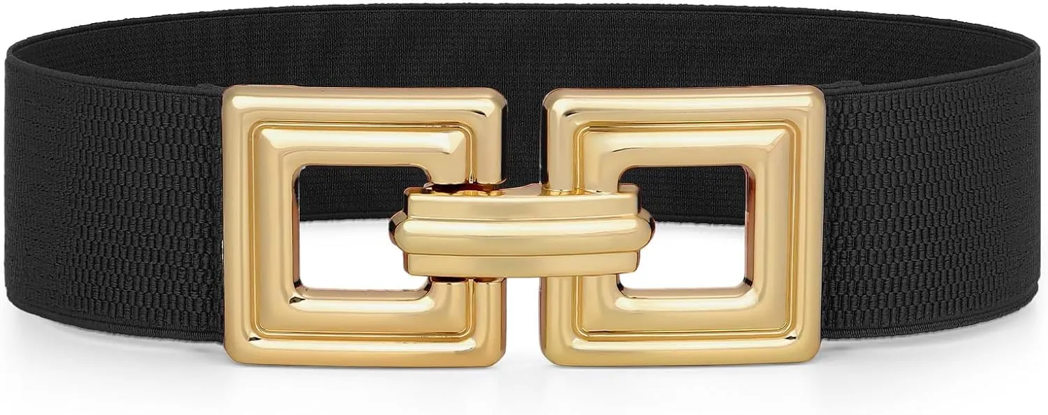 WHIPPY Women Wide Elastic Waist Belt Fashion Hollow Out Square Gold Buckle Stretchy Belt Waistband for Ladies
