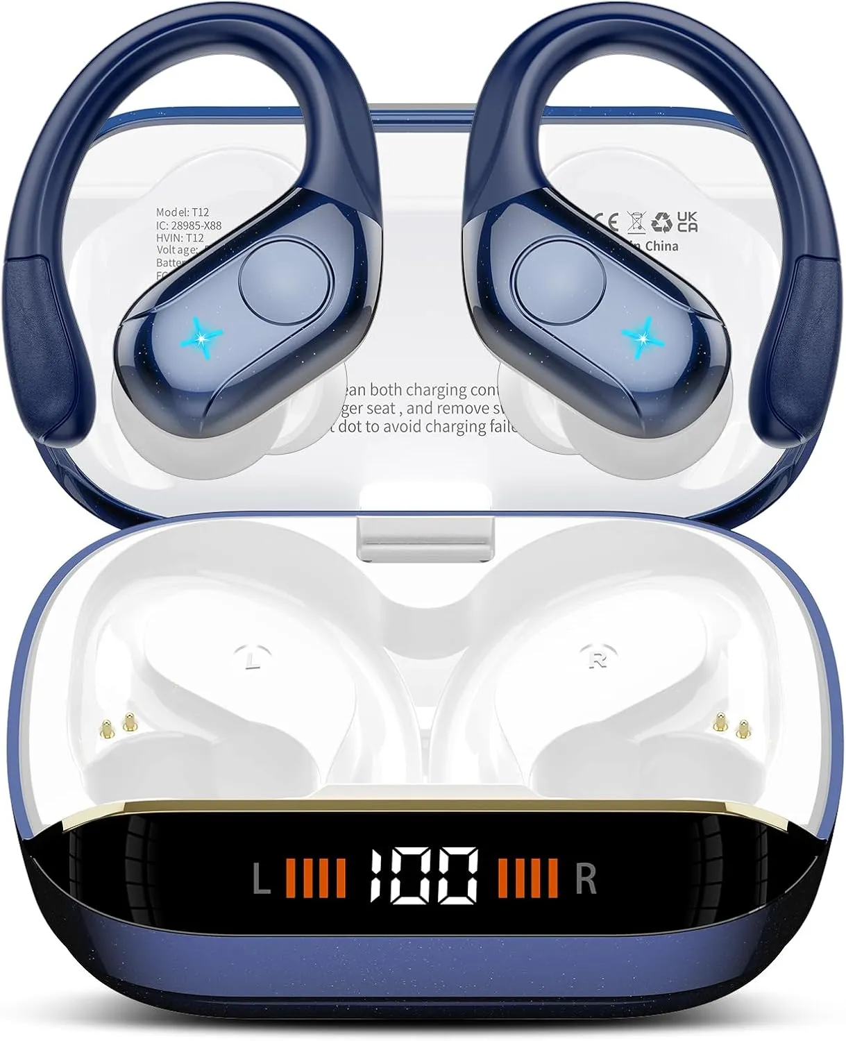 Wireless Earbuds Bluetooth 5.4 Headphones 75H Playtime Stereo Deep Bass Sports Ear Buds with Earhooks, LED Display Bluetooth Earbuds with 4 ENC Mic, IP7 Waterproof Earphone for Running, Dark Blue