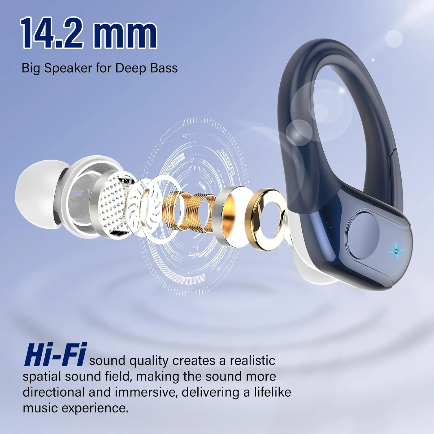 Wireless Earbuds Bluetooth 5.4 Headphones 75H Playtime Stereo Deep Bass Sports Ear Buds with Earhooks, LED Display Bluetooth Earbuds with 4 ENC Mic, IP7 Waterproof Earphone for Running, Dark Blue