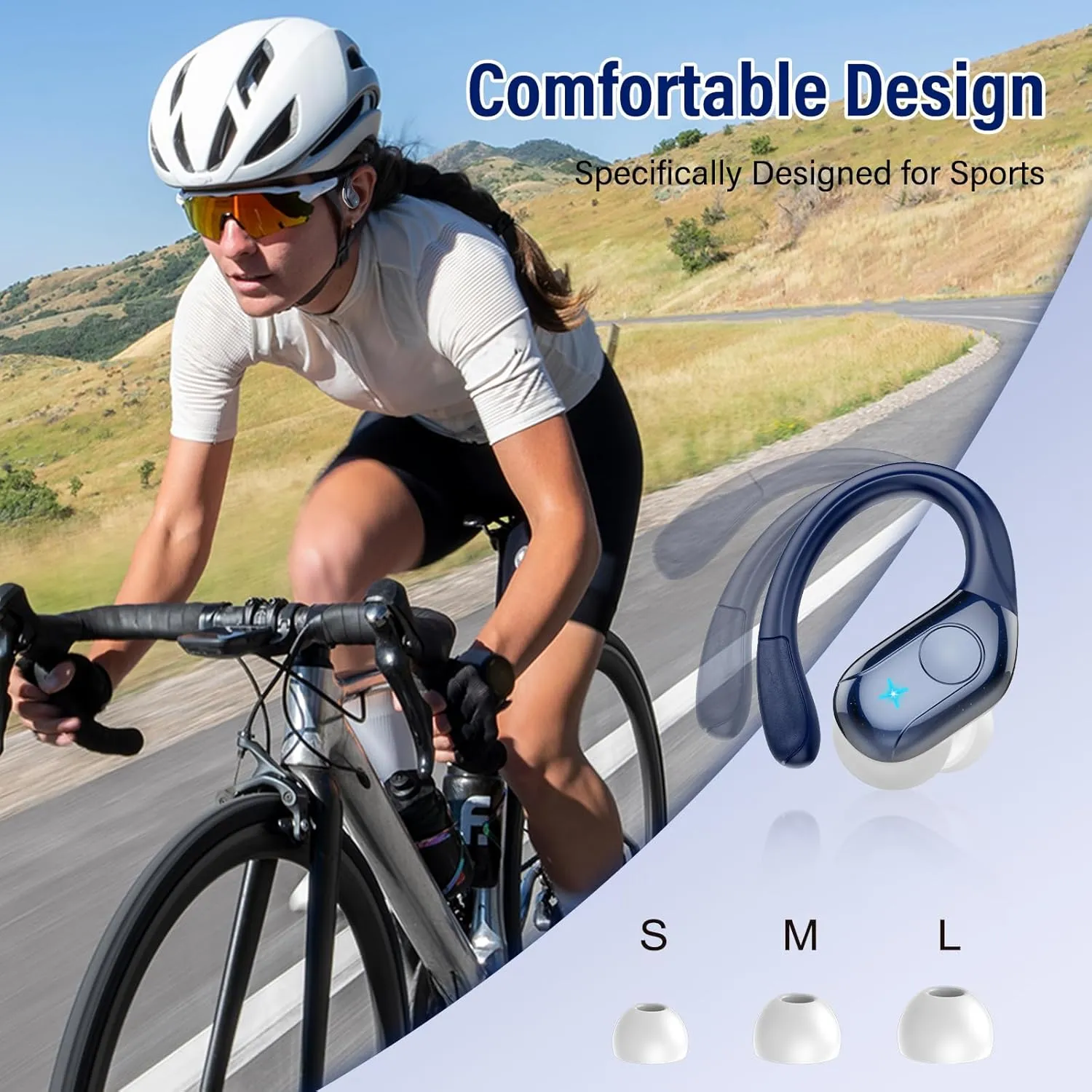 Wireless Earbuds Bluetooth 5.4 Headphones 75H Playtime Stereo Deep Bass Sports Ear Buds with Earhooks, LED Display Bluetooth Earbuds with 4 ENC Mic, IP7 Waterproof Earphone for Running, Dark Blue