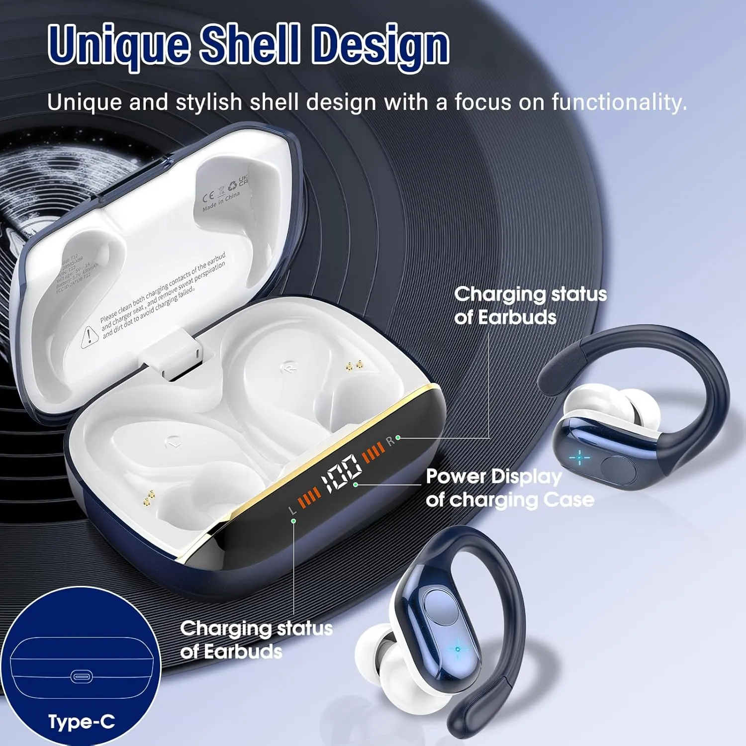 Wireless Earbuds Bluetooth 5.4 Headphones 75H Playtime Stereo Deep Bass Sports Ear Buds with Earhooks, LED Display Bluetooth Earbuds with 4 ENC Mic, IP7 Waterproof Earphone for Running, Dark Blue