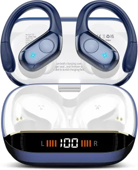 Wireless Earbuds Bluetooth 5.4 Headphones 75H Playtime Stereo Deep Bass Sports Ear Buds with Earhooks, LED Display Bluetooth Earbuds with 4 ENC Mic, IP7 Waterproof Earphone for Running, Dark Blue