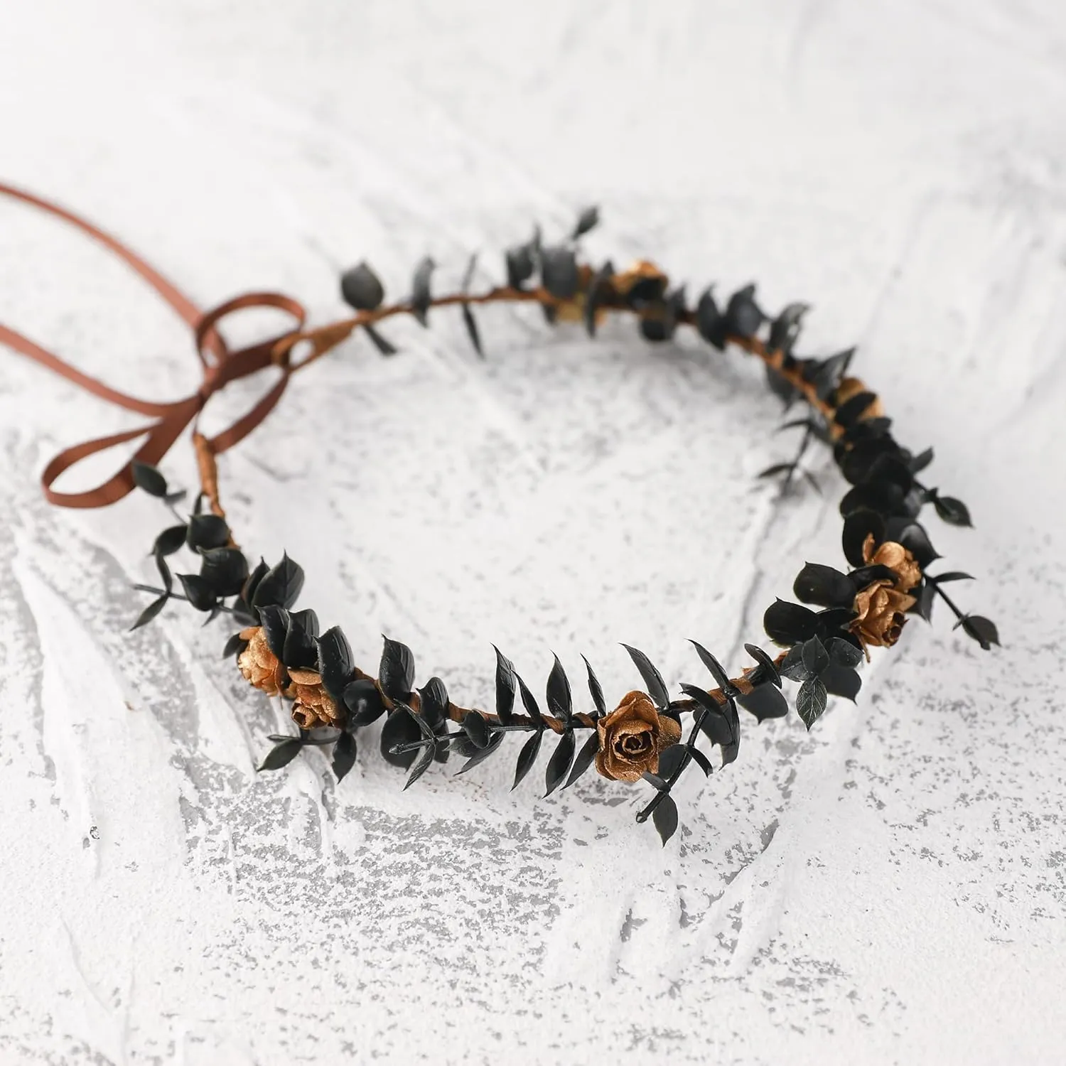 Women Flower Headpiece Fairy Hair - Black Wreath Fairy Crown Renaissance Elf Headdress for Girls Lady in Bridal Wedding Halloween Party Festival Gifts Photography Golden Rose