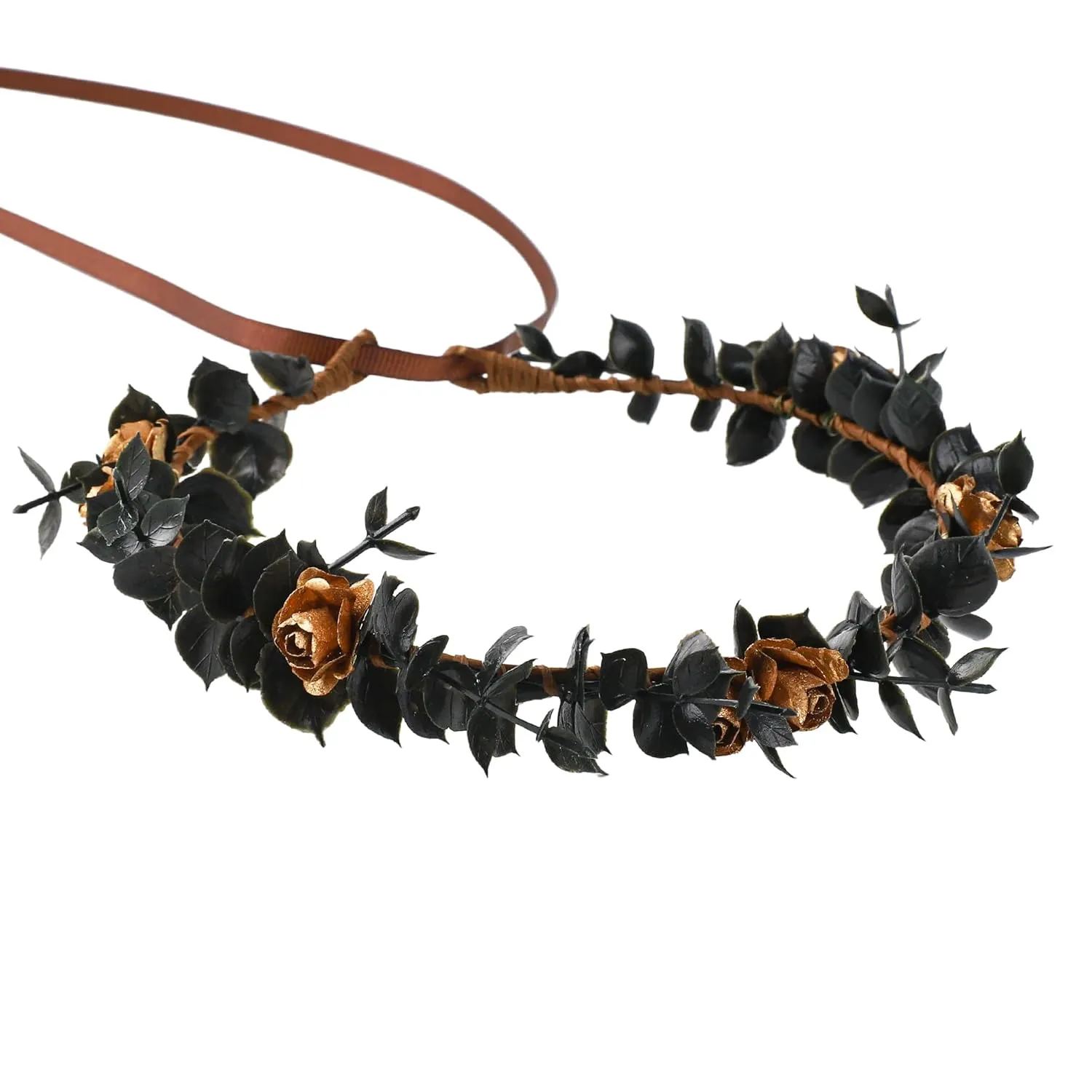Women Flower Headpiece Fairy Hair - Black Wreath Fairy Crown Renaissance Elf Headdress for Girls Lady in Bridal Wedding Halloween Party Festival Gifts Photography Golden Rose