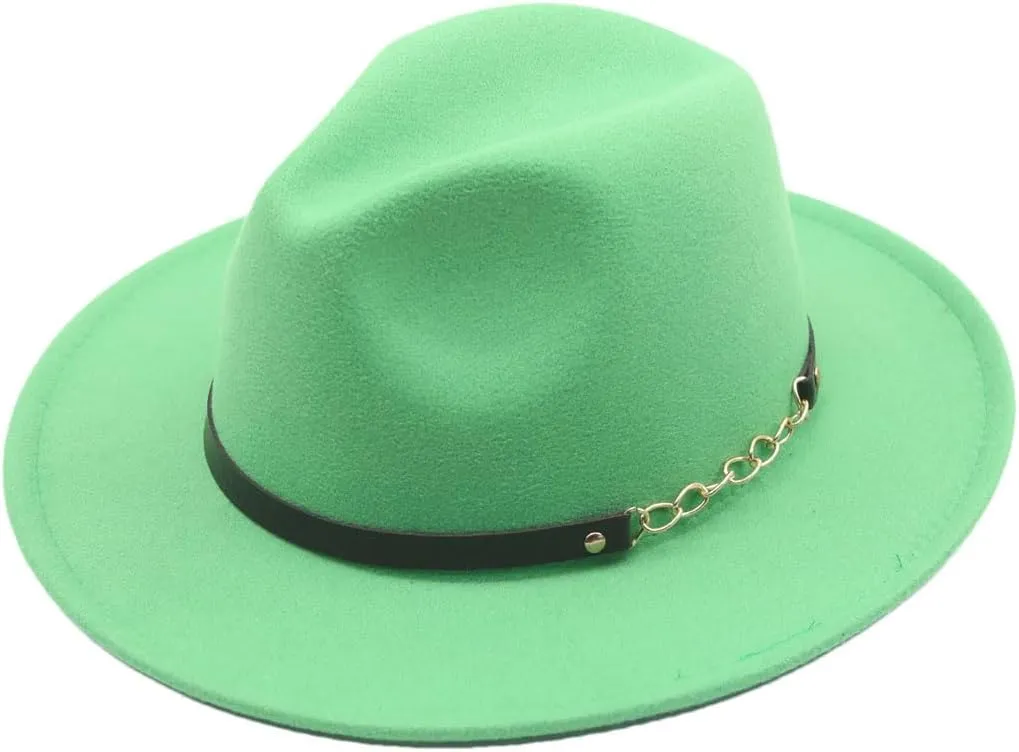 Women Solid Color Fedora Hats with Chain Belt Wide Brim Men Party Jazz Hat