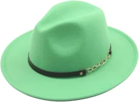 Women Solid Color Fedora Hats with Chain Belt Wide Brim Men Party Jazz Hat