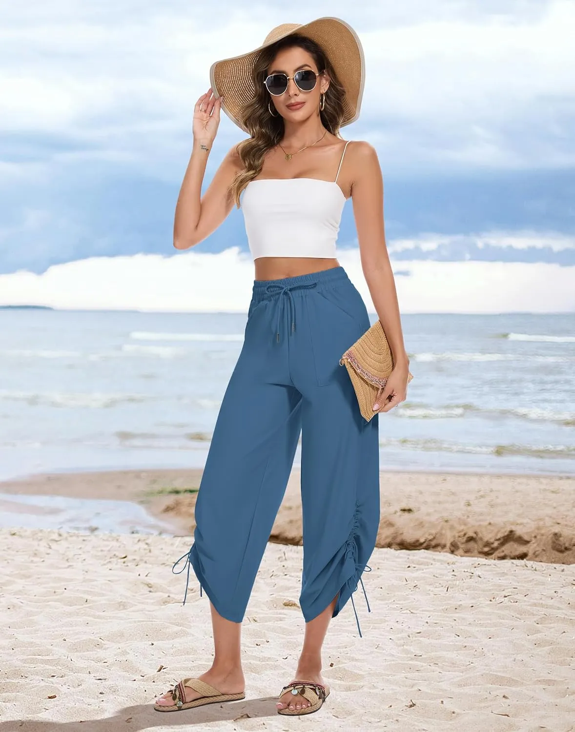 Women's 25" Wide Leg Beach Pants High Waisted Swim Capris Baggy Summer Travel Pant Quick Dry Flowy Cropped Bottoms