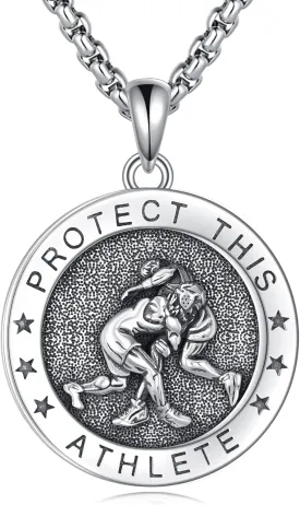 YFN Wrestling Necklace Sterling Silver St Sebastian Athlete Medal Pendant Necklace Wrestling Jewelry for Men Wrestling Gifts