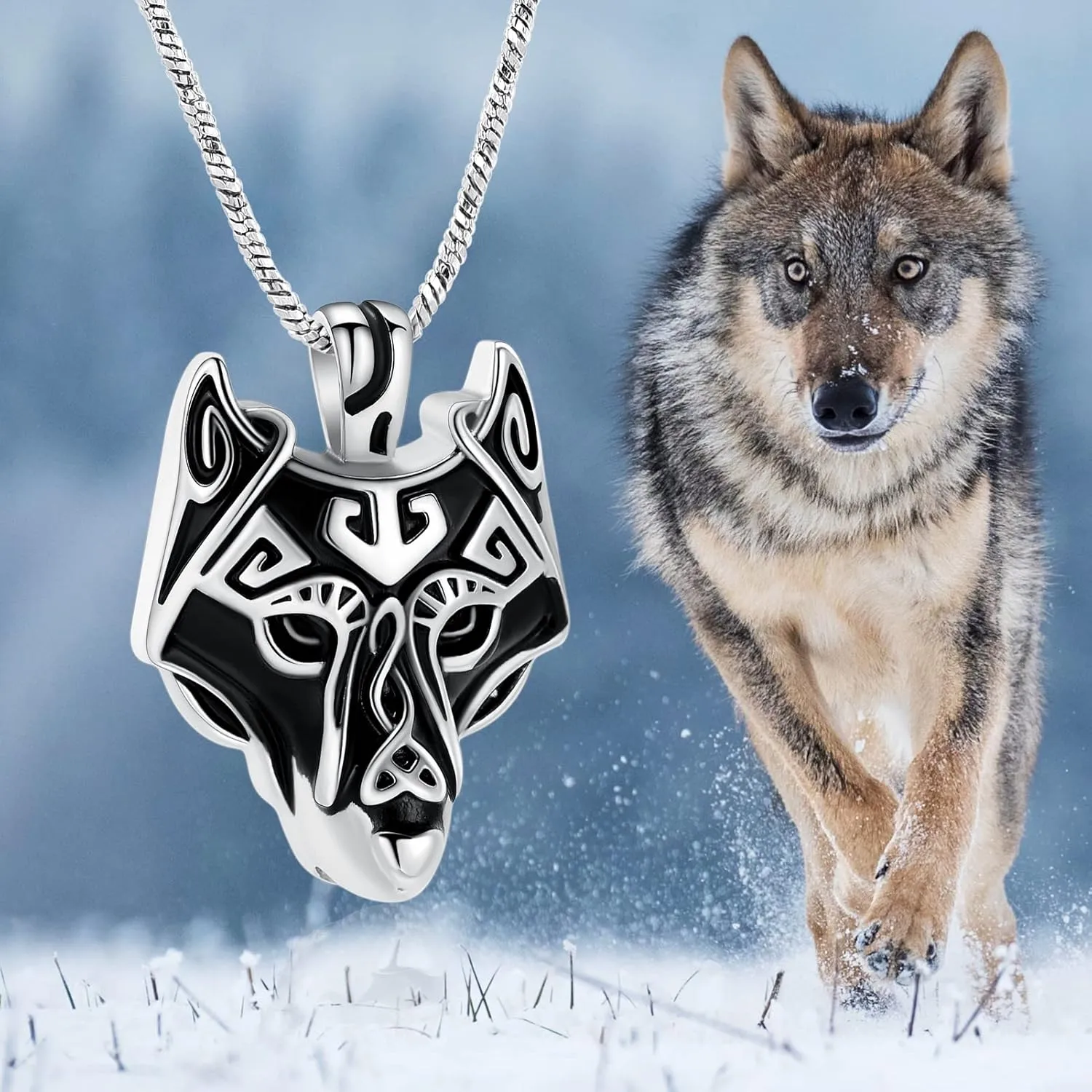 Yinplsmemory Viking Wolf Head Urn Necklace for Men - Wolf Jewelry Gift for Human/Pet Ashes